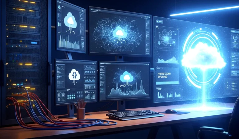 A high tech workspace showing on premise servers on one side and a glowing digital public cloud interface on the other, visualizing hybrid cloud integration.