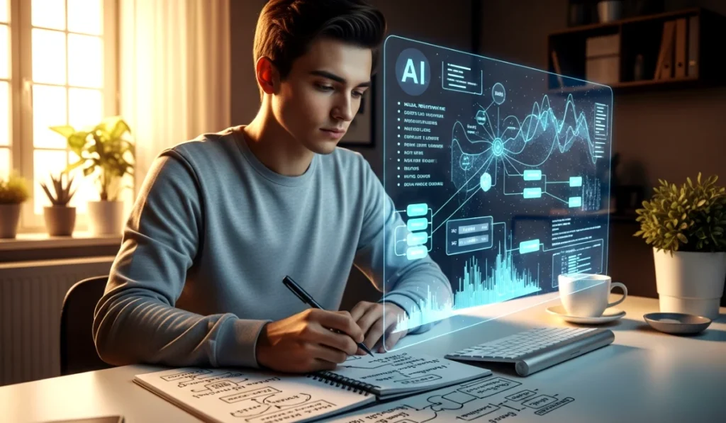 A thoughtful student plans coding ideas on paper while an AI interface helps show how coding careers evolve in the AI era.