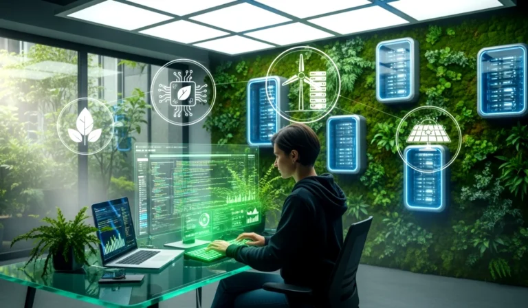 Developer working in a futuristic eco friendly digital workspace focused on green software engineering.