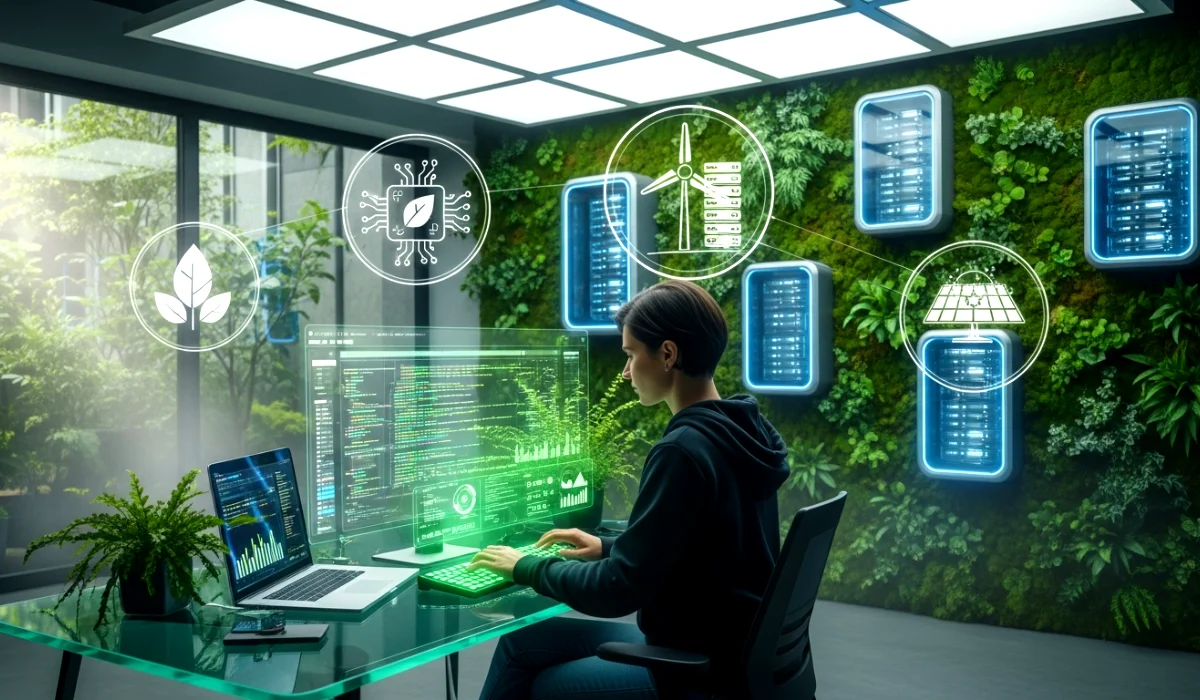 Developer working in a futuristic eco friendly digital workspace focused on green software engineering.