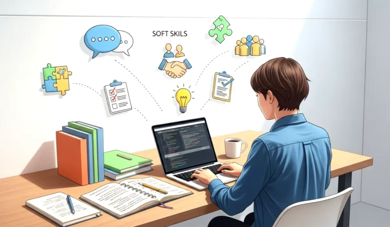 Developer creating documentation with soft skills icons around a laptop in a clean digital workspace.