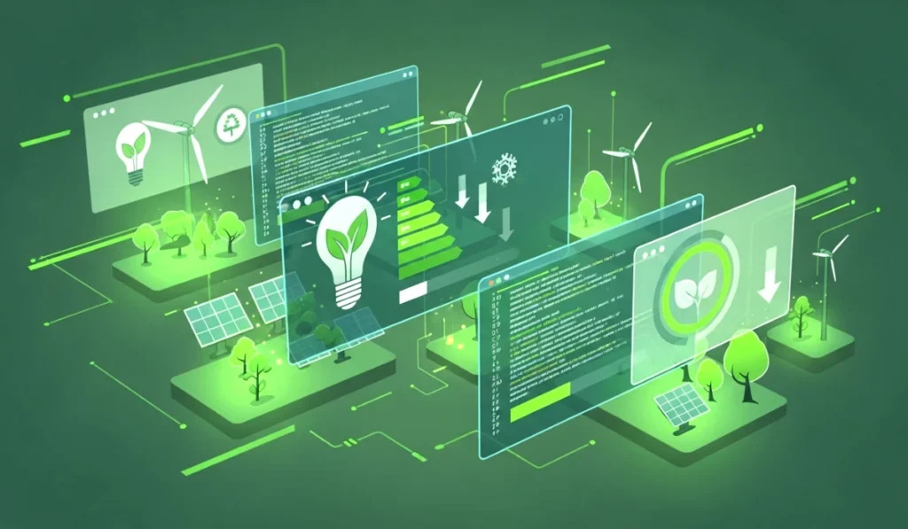 Illustration showing the concept of green software engineering with coding and energy icons.