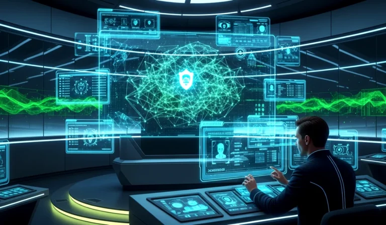 Futuristic cybersecurity control room with identity verification screens representing zero trust security.