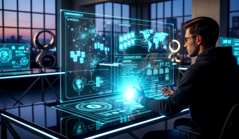 Tech professional planning a long term career in AI cloud and cybersecurity using futuristic digital screens.