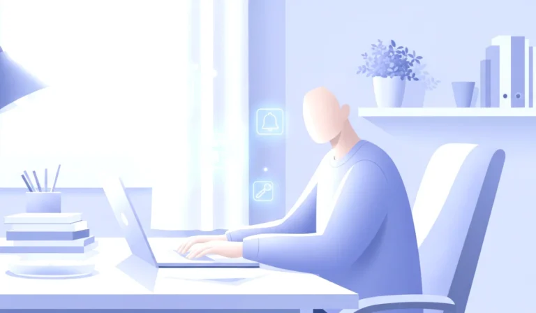 Person using a laptop in a calm modern workspace with soft digital icons.