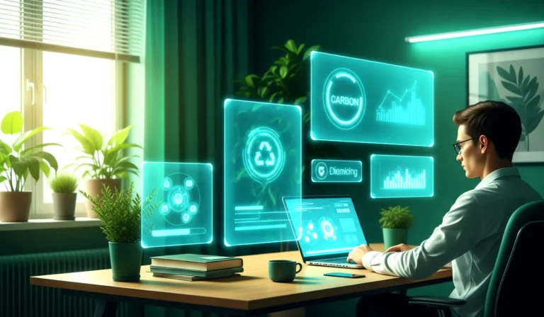 Person at a futuristic green themed tech workspace with glowing eco friendly screens.