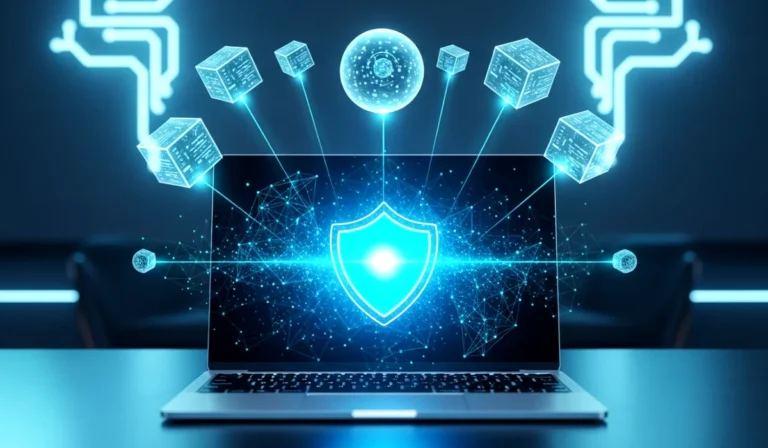 Laptop with cloud backup and digital security shield representing protected digital life