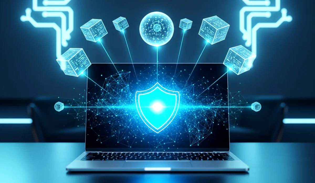 Laptop with cloud backup and digital security shield representing protected digital life