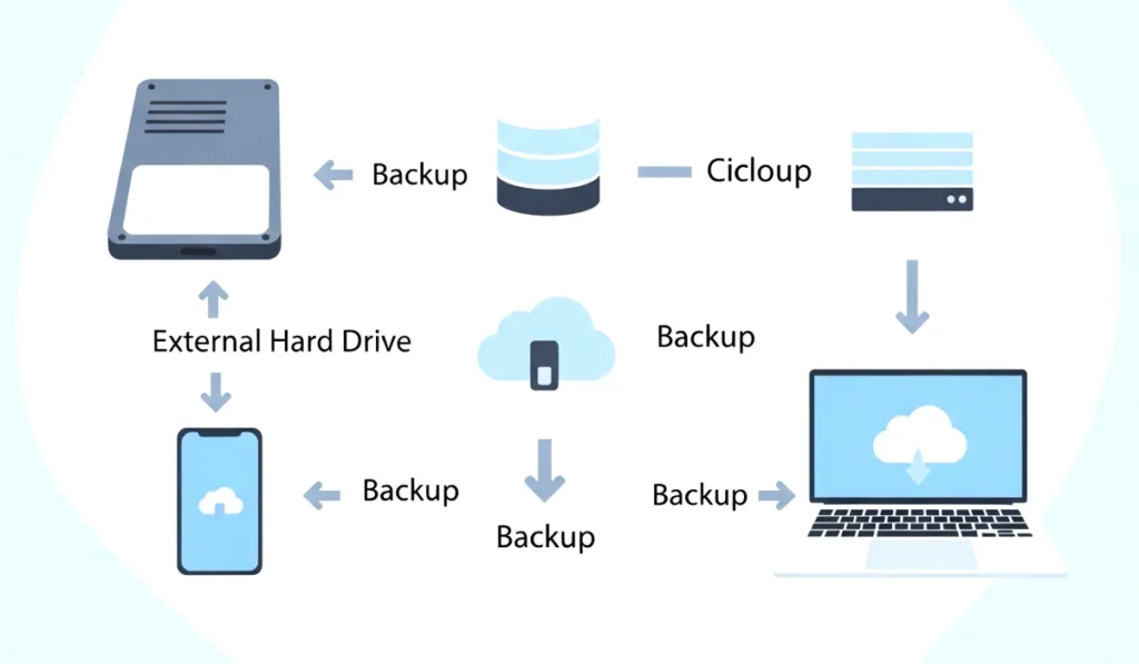 Illustration of cloud storage, external hard drive and devices showing a multilayer digital backup system
