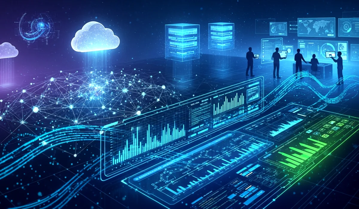 Futuristic illustration of open source evolution with AI and cloud technologies.