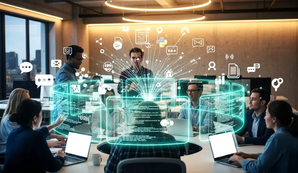 Developers working together on open source projects using digital tools.