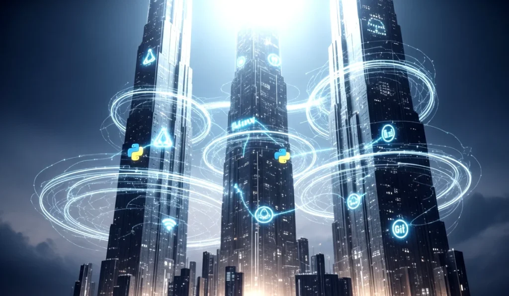 Modern cloud servers connected with open source ecosystems in a futuristic environment.