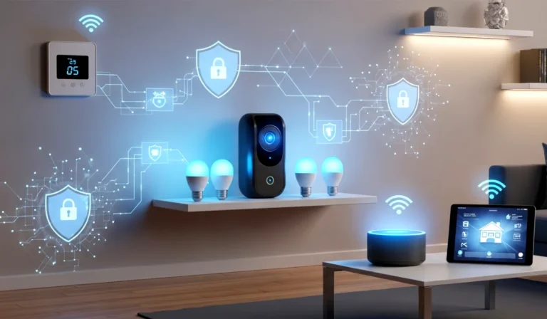 Smart home with IoT gadgets like cameras and bulbs surrounded by cybersecurity graphics.