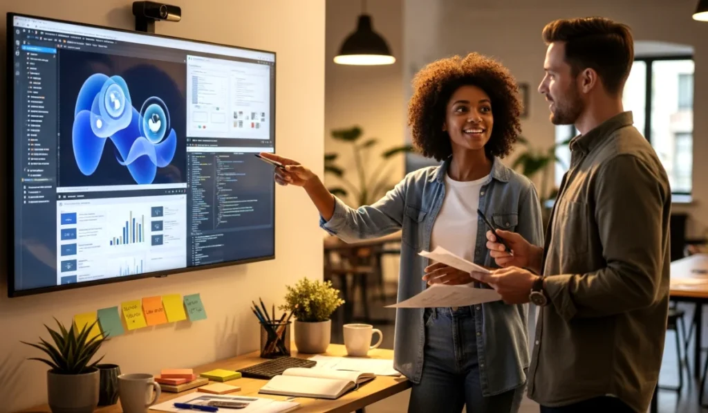 Two developers reviewing documentation together on a large screen while discussing ideas in a bright and friendly workspace.