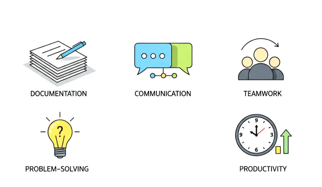 Infographic illustration featuring icons representing documentation, communication, teamwork, and developer soft skills.