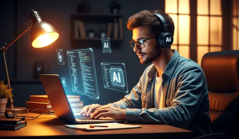 Student learning coding with AI tools in a futuristic digital workspace