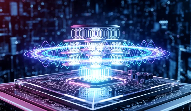 A futuristic quantum computer with glowing qubits, neon blue and purple lights, and high tech digital circuits in the background.