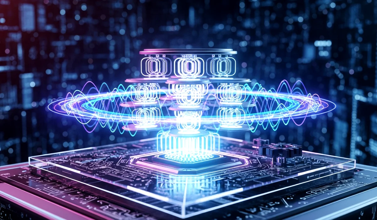 A futuristic quantum computer with glowing qubits, neon blue and purple lights, and high tech digital circuits in the background.