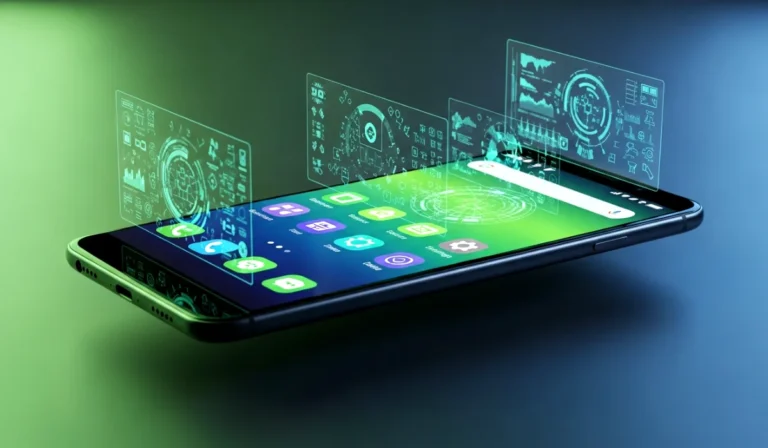 A futuristic Android smartphone showing hidden features with glowing icons and digital effects in a high tech background.