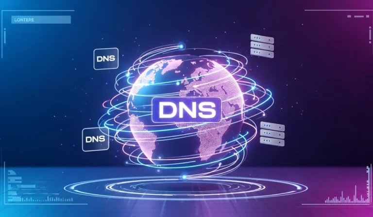 Illustration of a digital globe with fast internet speed lines and DNS server icons representing the best DNS servers for fast internet speed in 2026