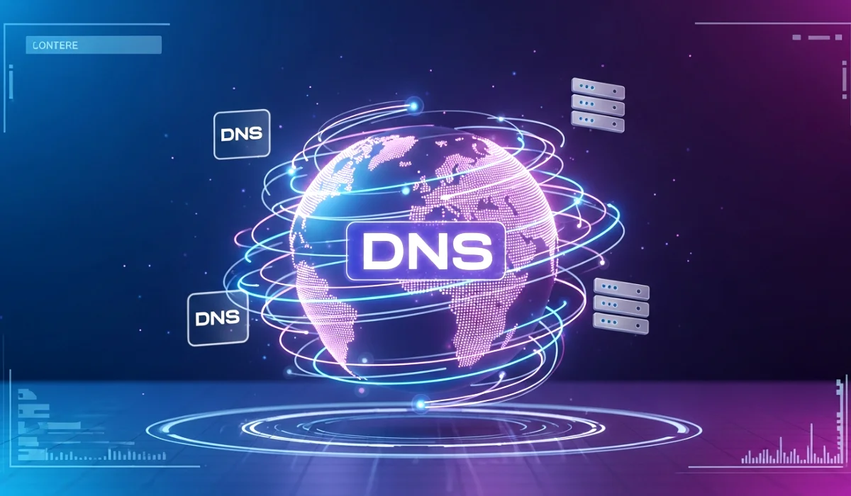 Illustration of a digital globe with fast internet speed lines and DNS server icons representing the best DNS servers for fast internet speed in 2026