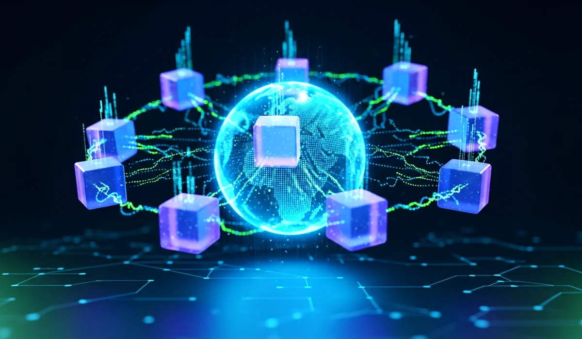 Illustration of a glowing blockchain network with interconnected digital blocks around a blue globe for explaining blockchain in simple words