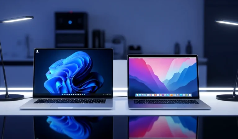 Windows laptop and MacBook side by side on a modern desk showcasing Windows vs macOS comparison in 2026