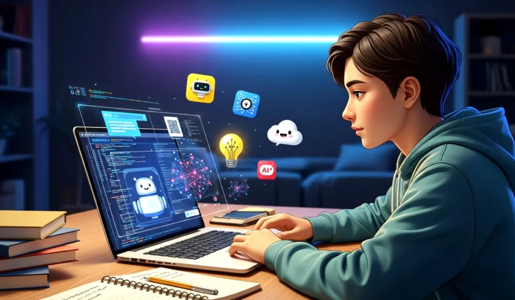 A new learner practices coding on a laptop with visible AI assistance to show how beginners use AI tools for easier coding.