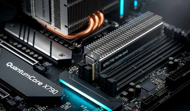 Close up view of an NVMe SSD installed on a motherboard with cool blue lighting showing modern high speed storage technology.