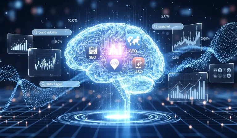 AI brain with SEO GEO ASO holograms representing the future of brand visibility