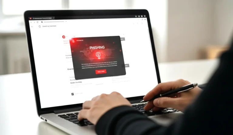 Person checking email with phishing alert on laptop screen in a cyber security themed illustration.