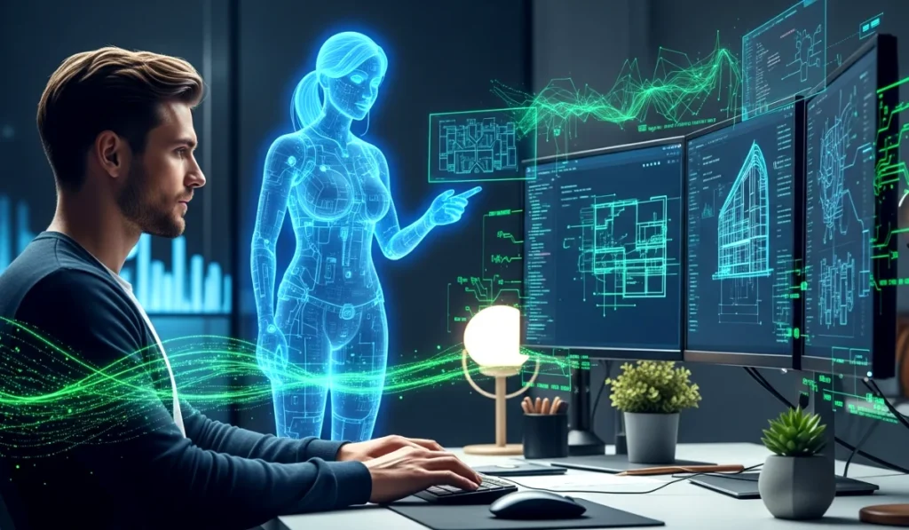 A digital scene where a developer and an AI system collaborate to create code showing the teamwork between human creativity and AI speed.