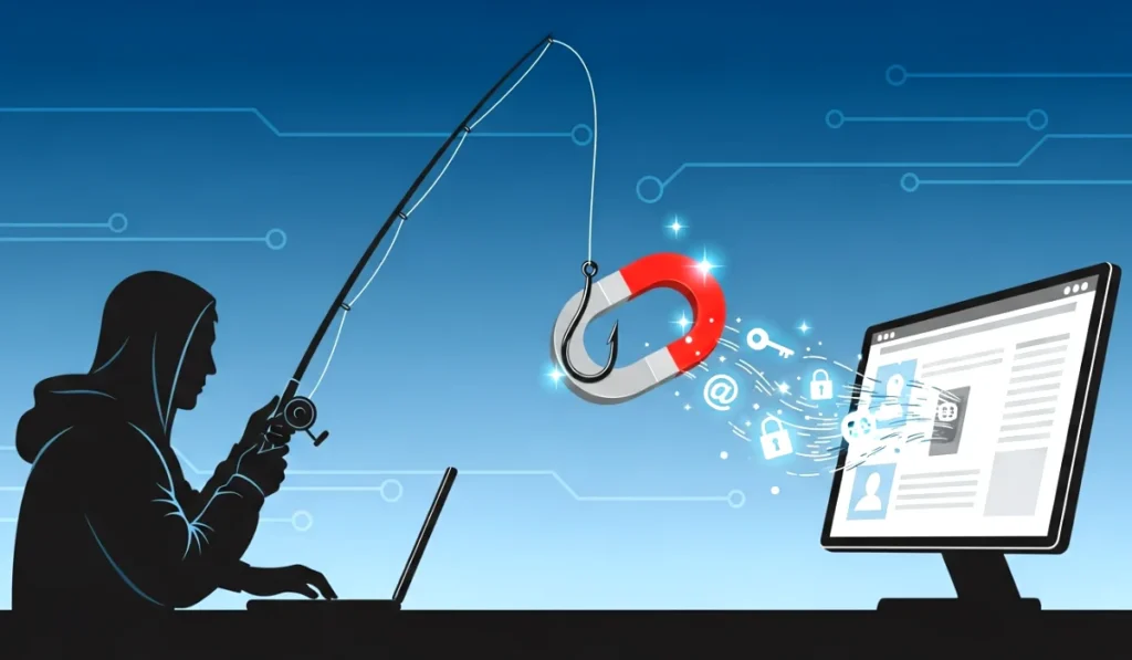 Hacker Using Fishing Rod to Steal Login Information Illustration