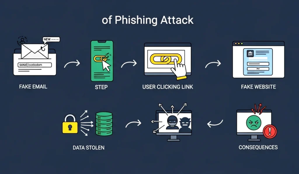 Infographic illustration showing step by step process of a phishing attack.