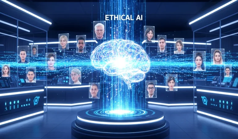 Futuristic illustration of Ethical AI in 2026 with holographic AI brain and diverse human figures.