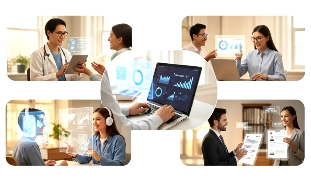 People using AI systems in everyday tasks like healthcare and finance.