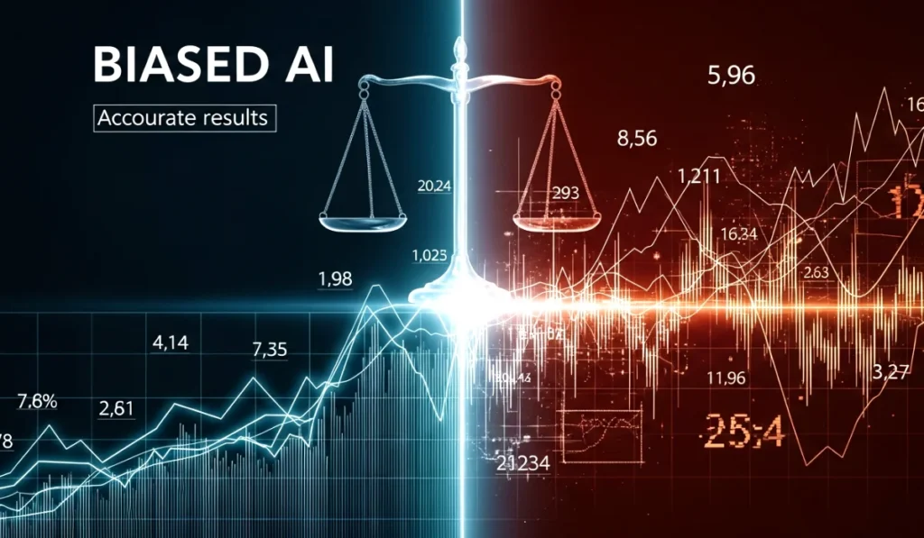 Visual representation of AI bias with fair and unfair outputs.