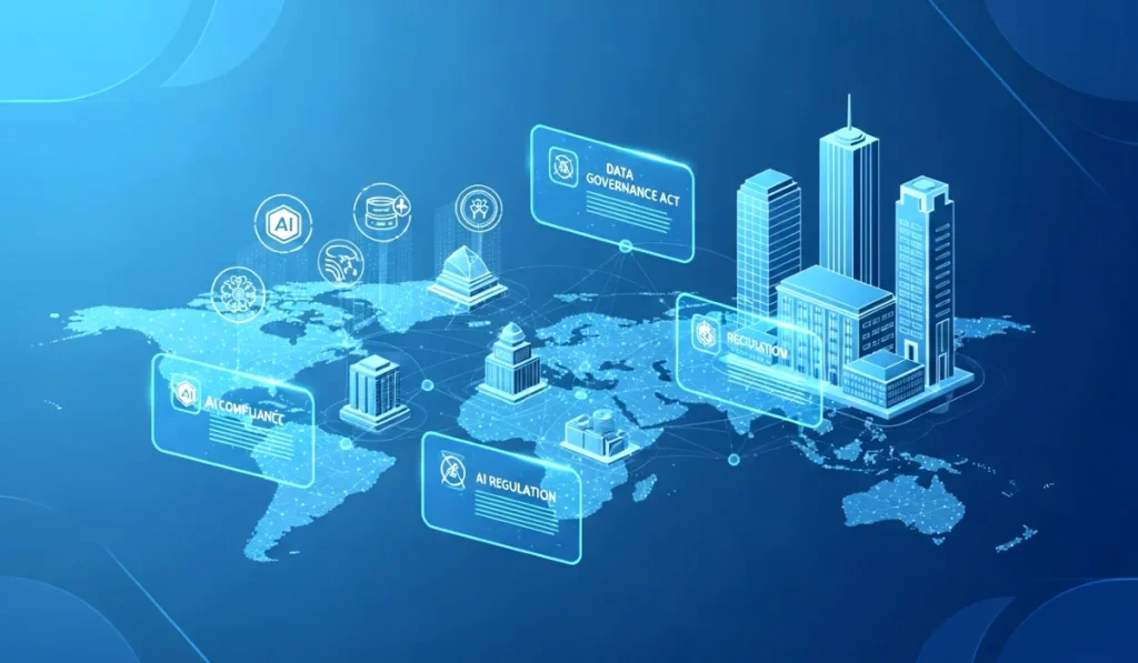 Infographic showing global AI regulation and compliance trends.