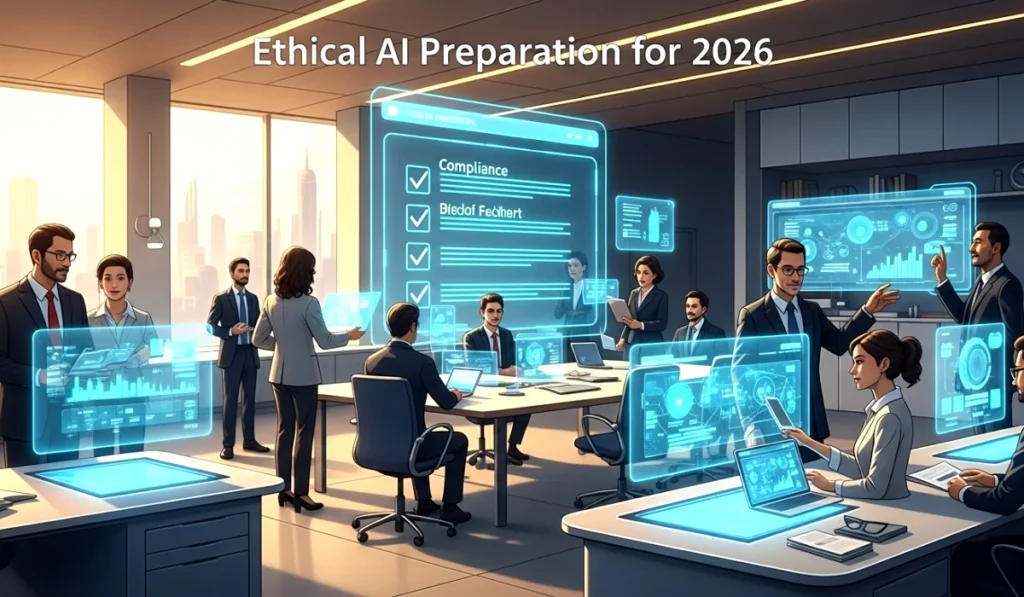 Business professionals preparing for Ethical AI in 2026 with holographic compliance tools in a futuristic office.