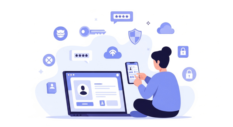 Illustration of a person managing digital identity surrounded by app icons and security symbols.