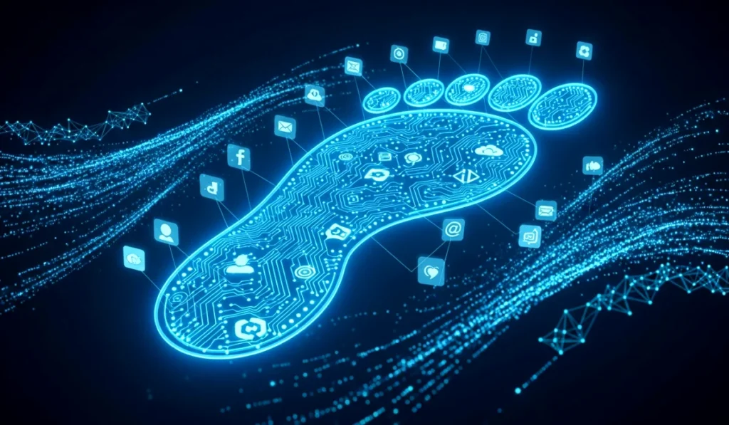 A creative visual concept representing a digital footprint and how user data spreads across multiple apps.