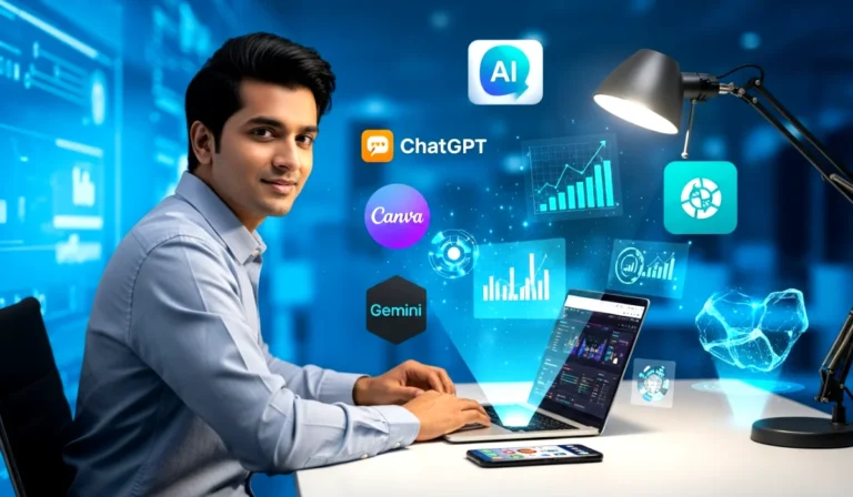 Indian person working with multiple AI tools on laptop in a futuristic workspace.